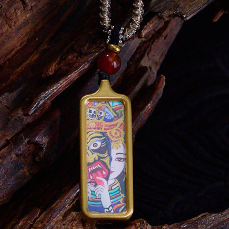 Tibet Zakiram Yellow God of Wealth Nine Tailed Fox Hand-Painted Thangka Calm Necklace Pendant