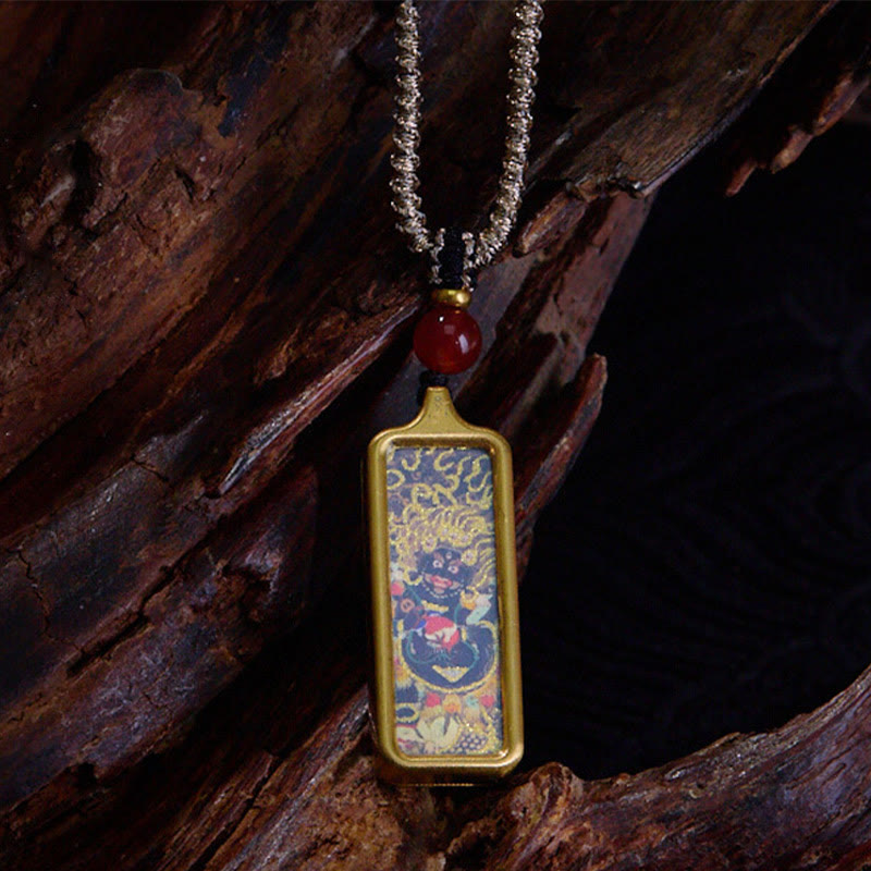 Tibet Zakiram Yellow God of Wealth Nine Tailed Fox Hand-Painted Thangka Calm Necklace Pendant