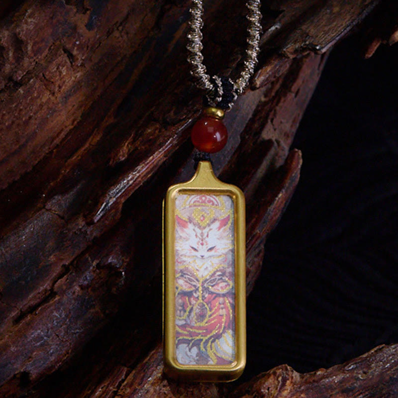Tibet Zakiram Yellow God of Wealth Nine Tailed Fox Hand-Painted Thangka Calm Necklace Pendant