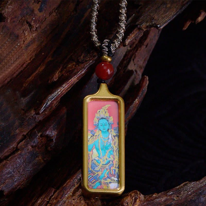 Tibet Zakiram Yellow God of Wealth Nine Tailed Fox Hand-Painted Thangka Calm Necklace Pendant
