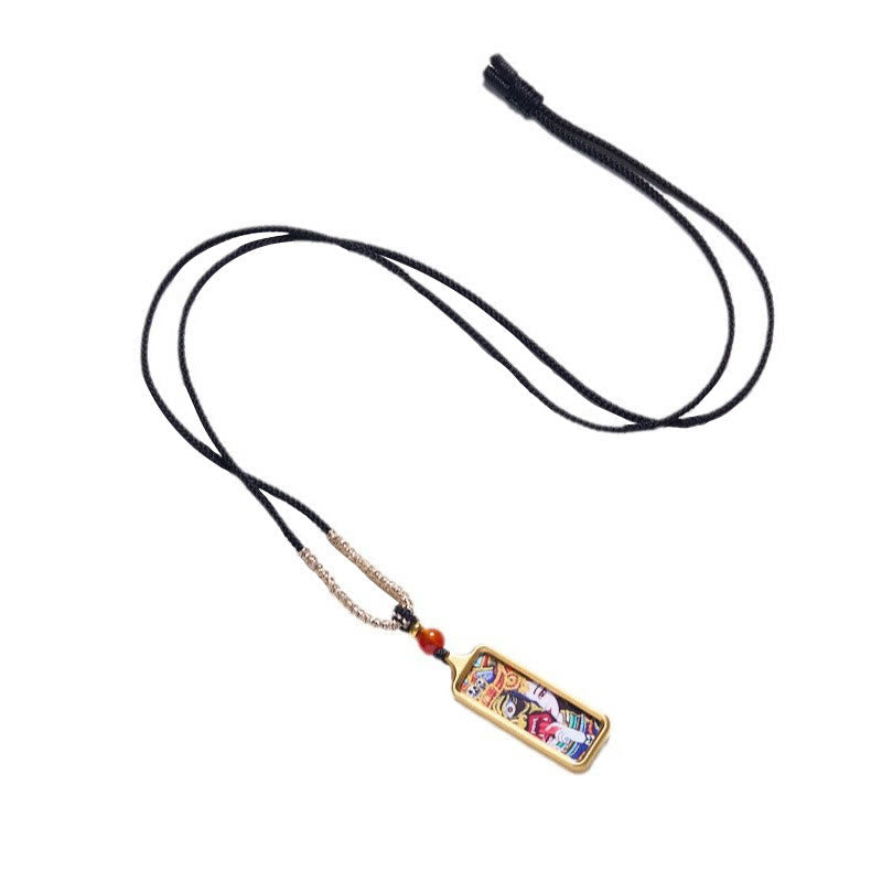 Tibet Zakiram Yellow God of Wealth Nine Tailed Fox Hand-Painted Thangka Calm Necklace Pendant