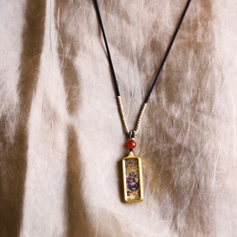 Tibet Zakiram Yellow God of Wealth Nine Tailed Fox Hand-Painted Thangka Calm Necklace Pendant