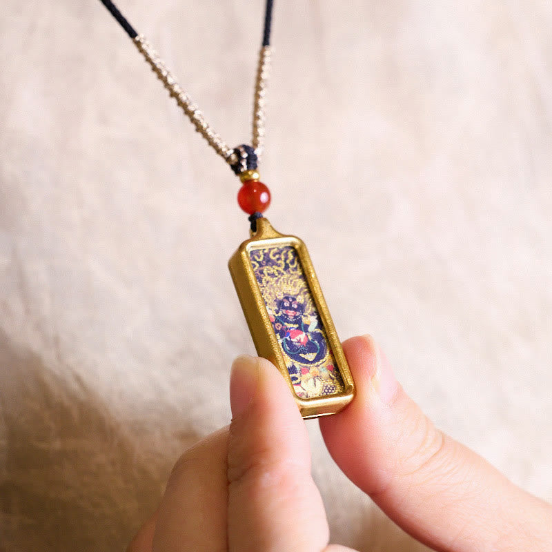 Tibet Zakiram Yellow God of Wealth Nine Tailed Fox Hand-Painted Thangka Calm Necklace Pendant