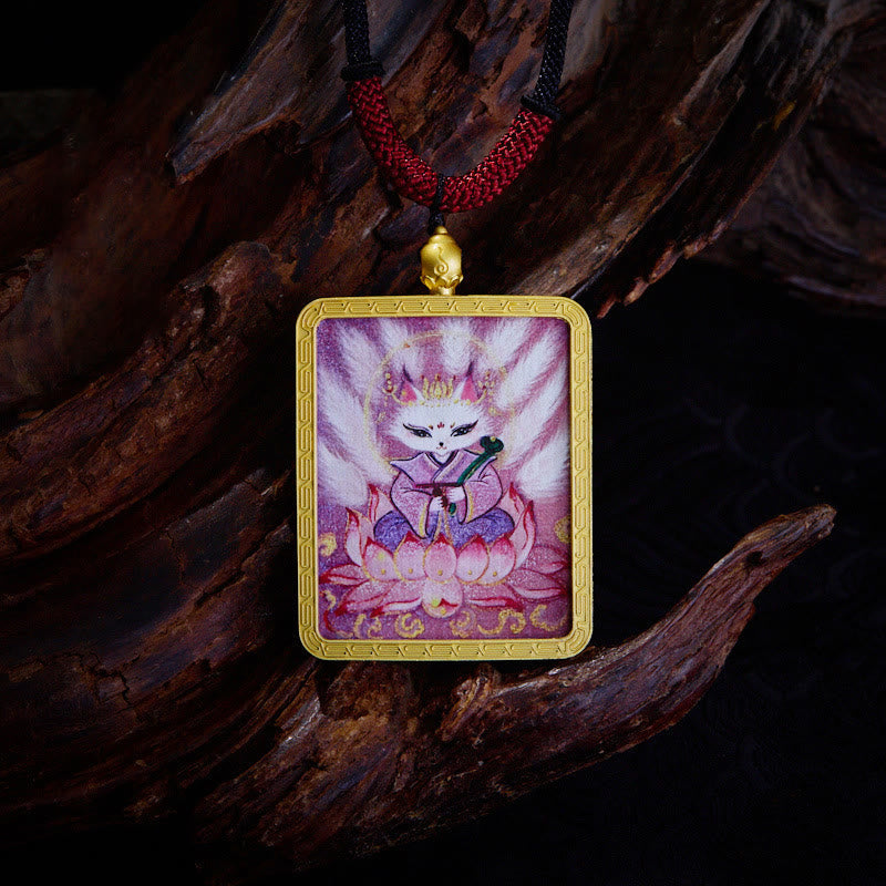 Tibetan Zakiram Nine Tailed Fox Yellow God of Wealth Painted Thangka Hope Necklace Pendant