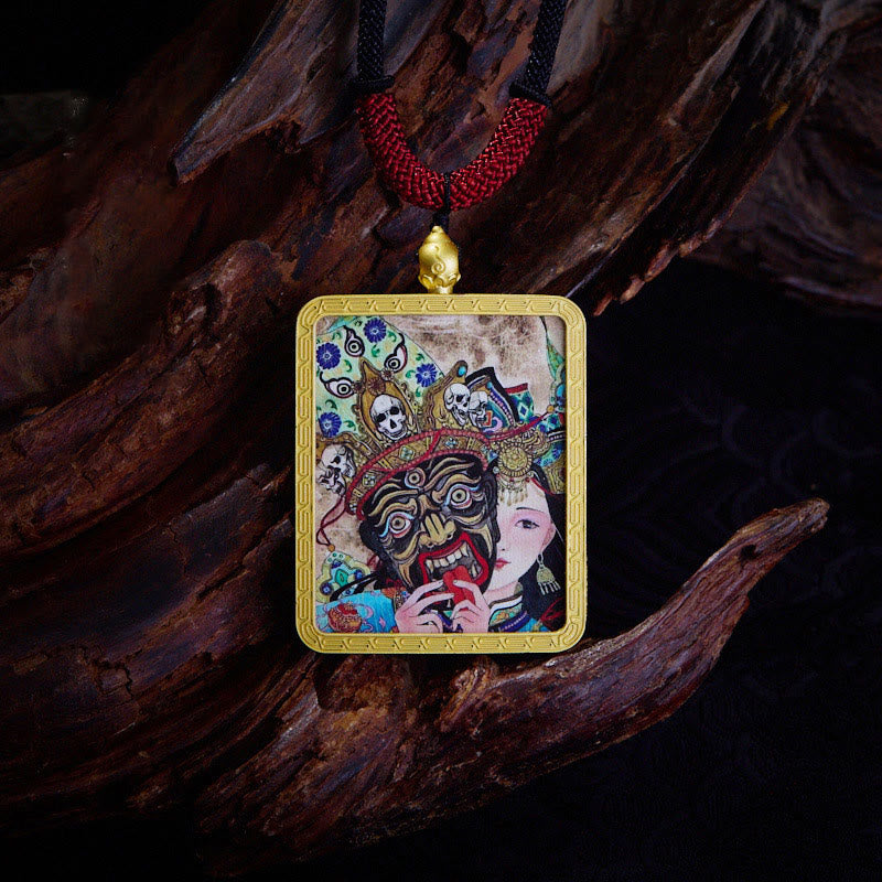 Tibetan Zakiram Nine Tailed Fox Yellow God of Wealth Painted Thangka Hope Necklace Pendant
