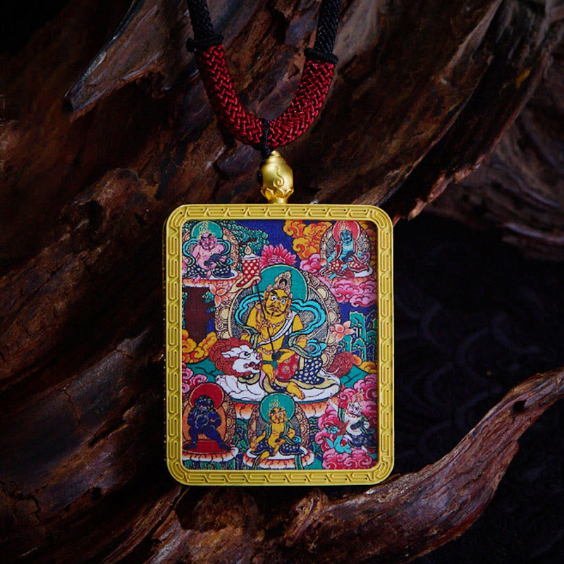 Tibetan Zakiram Nine Tailed Fox Yellow God of Wealth Painted Thangka Hope Necklace Pendant
