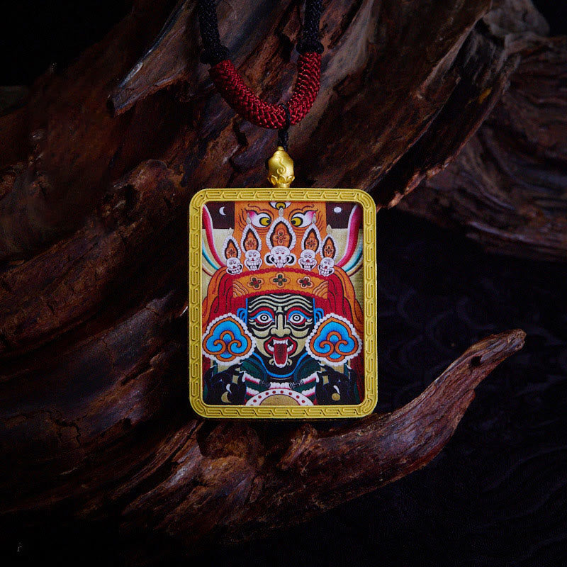 Tibetan Zakiram Nine Tailed Fox Yellow God of Wealth Painted Thangka Hope Necklace Pendant