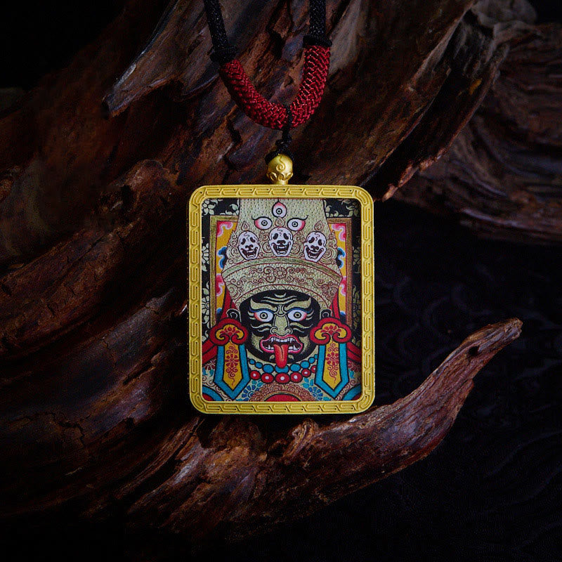 Tibetan Zakiram Nine Tailed Fox Yellow God of Wealth Painted Thangka Hope Necklace Pendant
