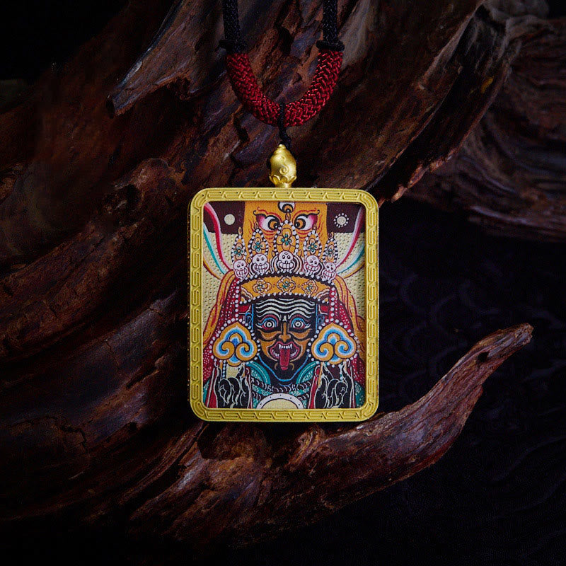 Tibetan Zakiram Nine Tailed Fox Yellow God of Wealth Painted Thangka Hope Necklace Pendant