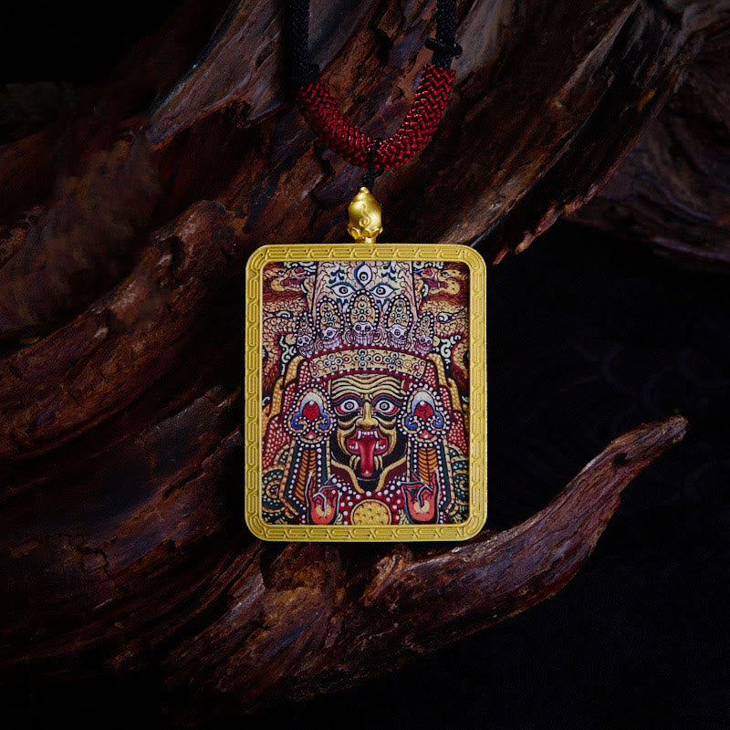 Tibetan Zakiram Nine Tailed Fox Yellow God of Wealth Painted Thangka Hope Necklace Pendant