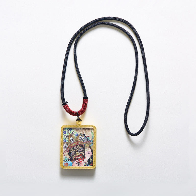 Tibetan Zakiram Nine Tailed Fox Yellow God of Wealth Painted Thangka Hope Necklace Pendant