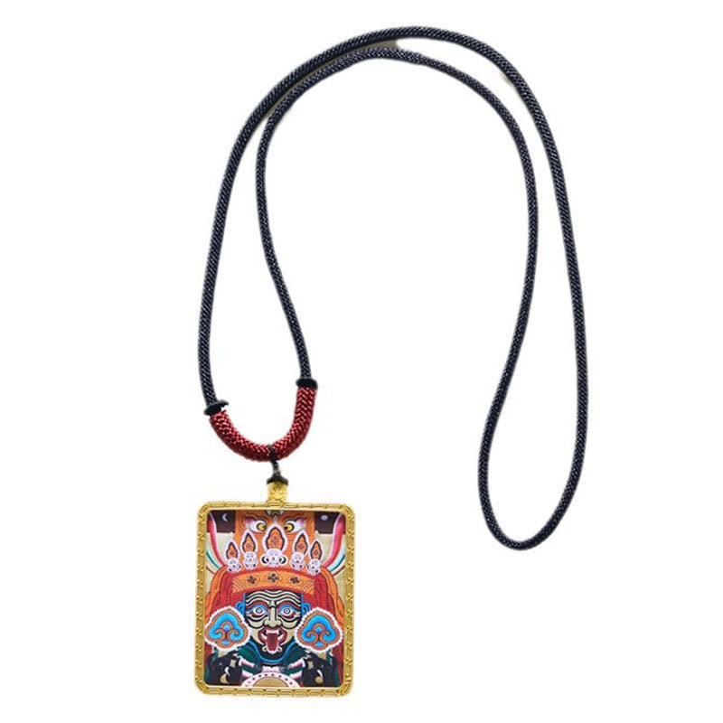 Tibetan Zakiram Nine Tailed Fox Yellow God of Wealth Painted Thangka Hope Necklace Pendant