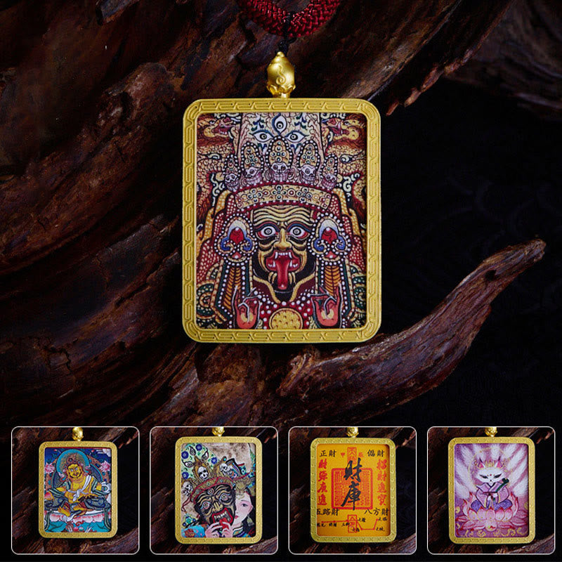 Tibetan Zakiram Nine Tailed Fox Yellow God of Wealth Painted Thangka Hope Necklace Pendant