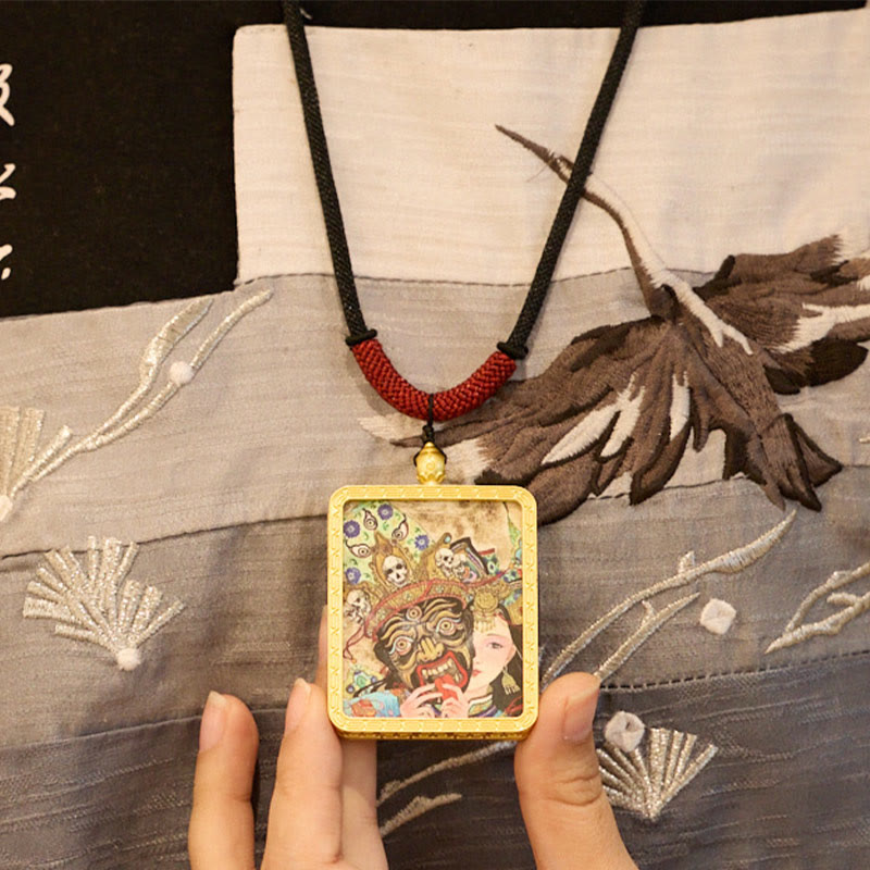 Tibetan Zakiram Nine Tailed Fox Yellow God of Wealth Painted Thangka Hope Necklace Pendant
