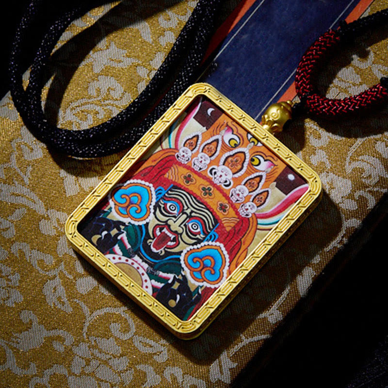 Tibetan Zakiram Nine Tailed Fox Yellow God of Wealth Painted Thangka Hope Necklace Pendant