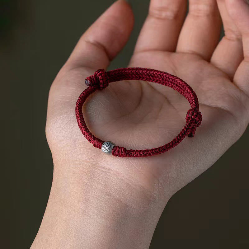 Handmade Braided Red String 925 Sterling Silver Fu Bead Adjustable Bracelet