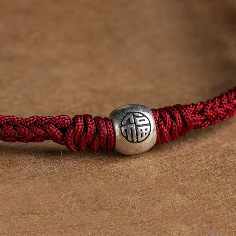 Handmade Braided Red String 925 Sterling Silver Fu Bead Adjustable Bracelet