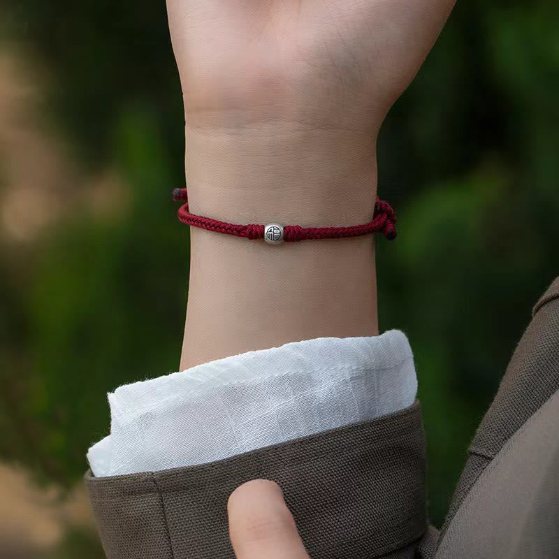 Handmade Braided Red String 925 Sterling Silver Fu Bead Adjustable Bracelet
