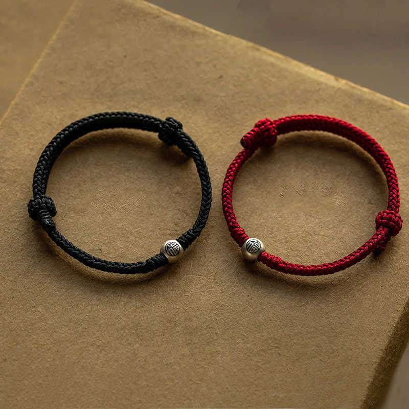 Handmade Braided Red String 925 Sterling Silver Fu Bead Adjustable Bracelet