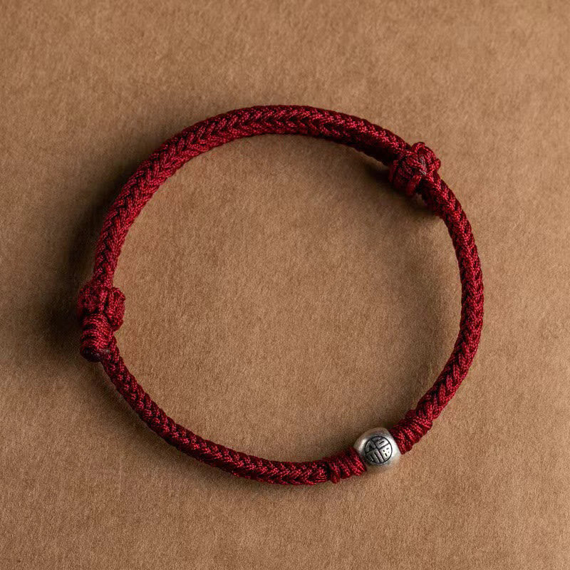 Handmade Braided Red String 925 Sterling Silver Fu Bead Adjustable Bracelet