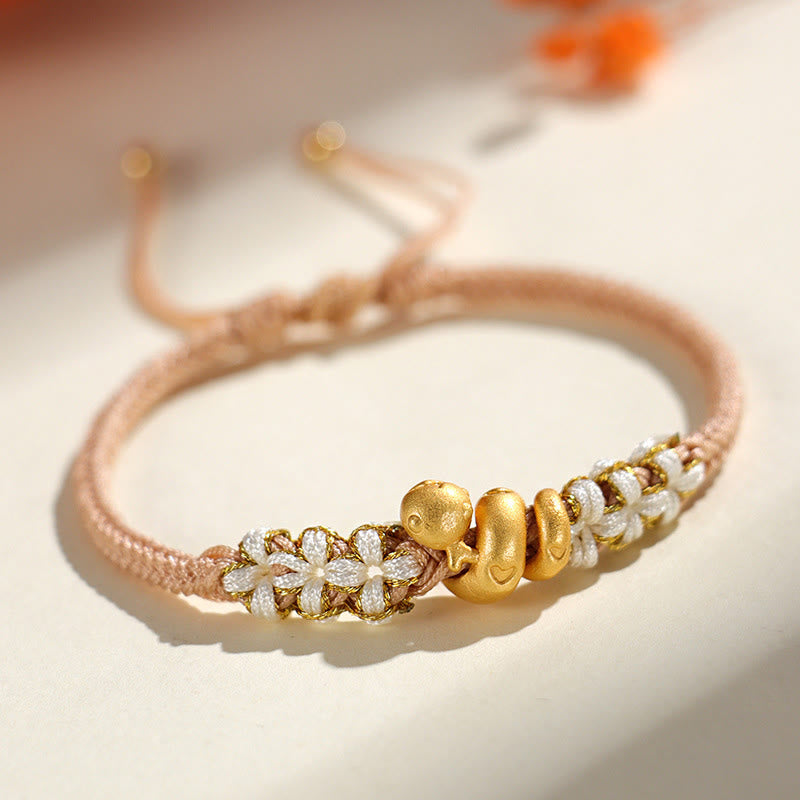 Handmade 999 Fine Silver Snake & Peach Blossom Heart Braided String Bracelet