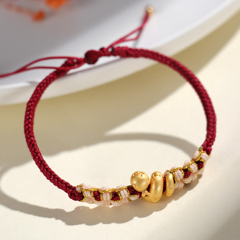 Handmade 999 Fine Silver Snake & Peach Blossom Heart Braided String Bracelet