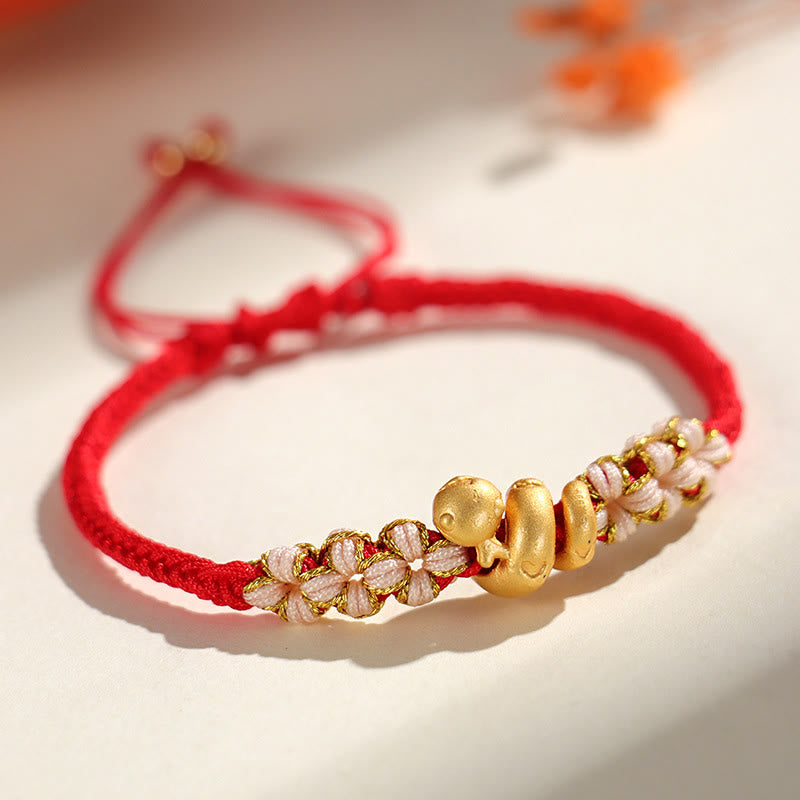 Handmade 999 Fine Silver Snake & Peach Blossom Heart Braided String Bracelet