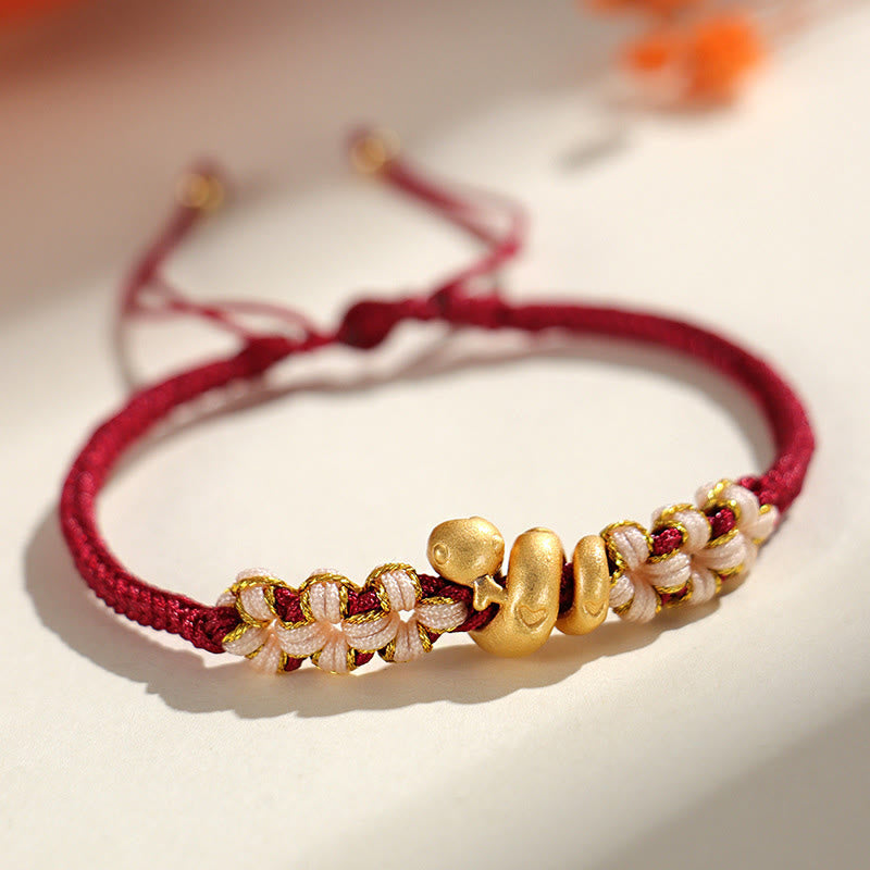 Handmade 999 Fine Silver Snake & Peach Blossom Heart Braided String Bracelet