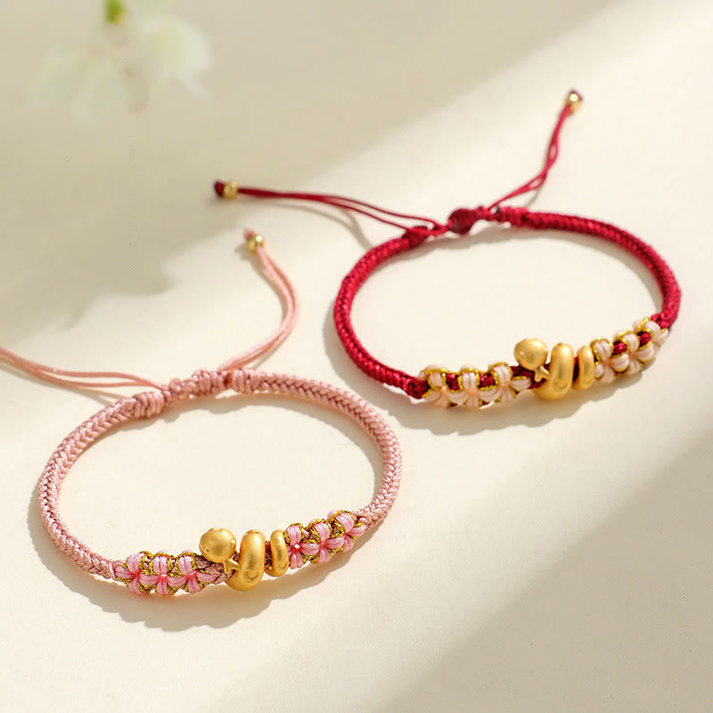 Handmade 999 Fine Silver Snake & Peach Blossom Heart Braided String Bracelet