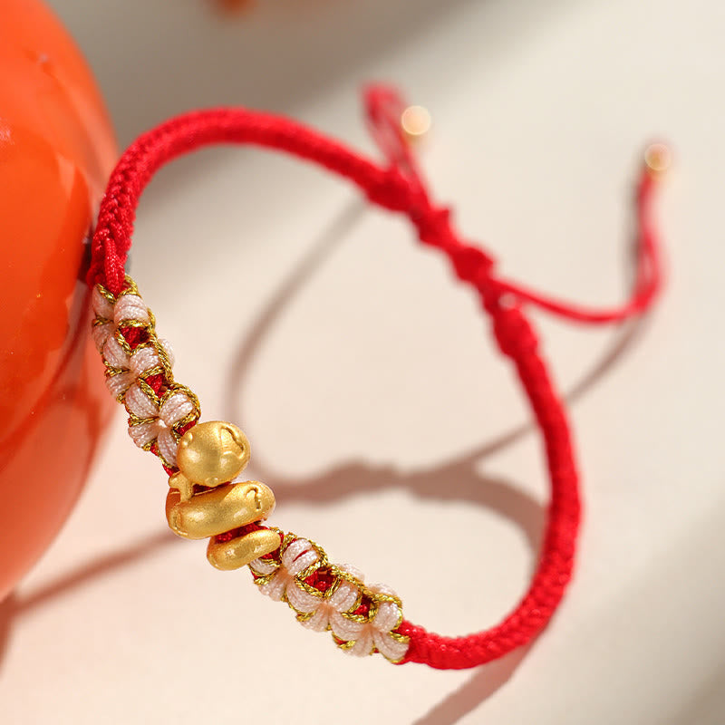 Handmade 999 Fine Silver Snake & Peach Blossom Heart Braided String Bracelet
