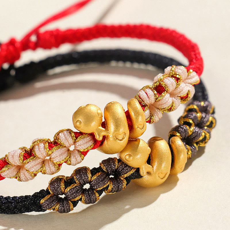Handmade 999 Fine Silver Snake & Peach Blossom Heart Braided String Bracelet