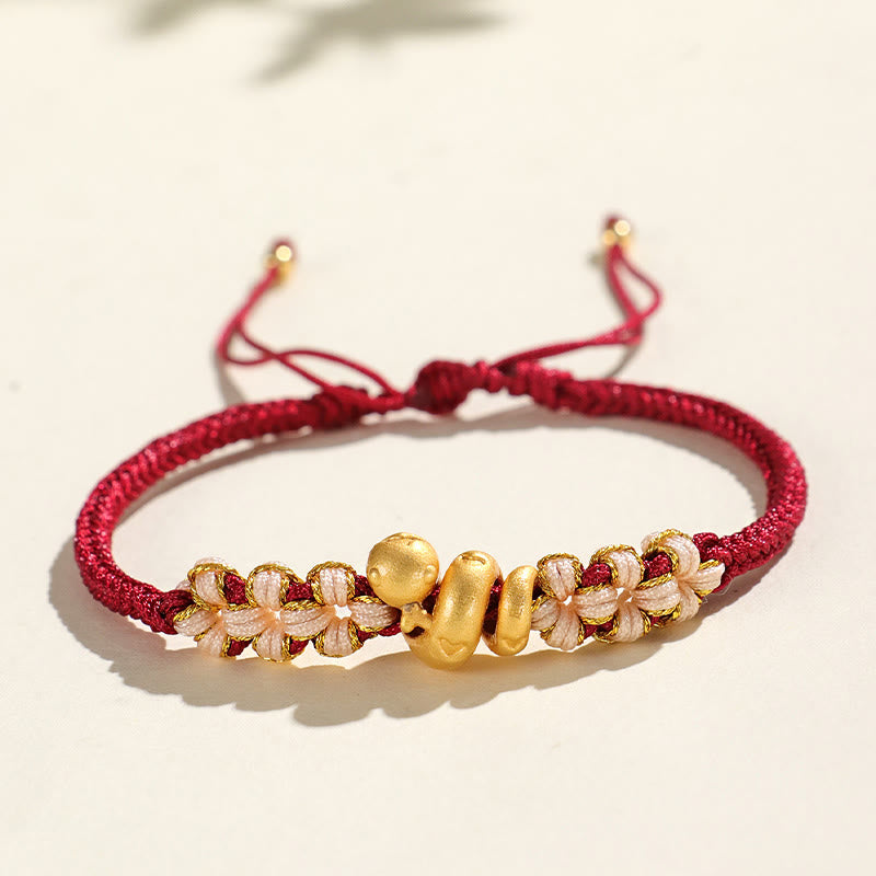 Handmade 999 Fine Silver Snake & Peach Blossom Heart Braided String Bracelet
