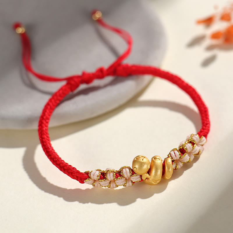 Handmade 999 Fine Silver Snake & Peach Blossom Heart Braided String Bracelet