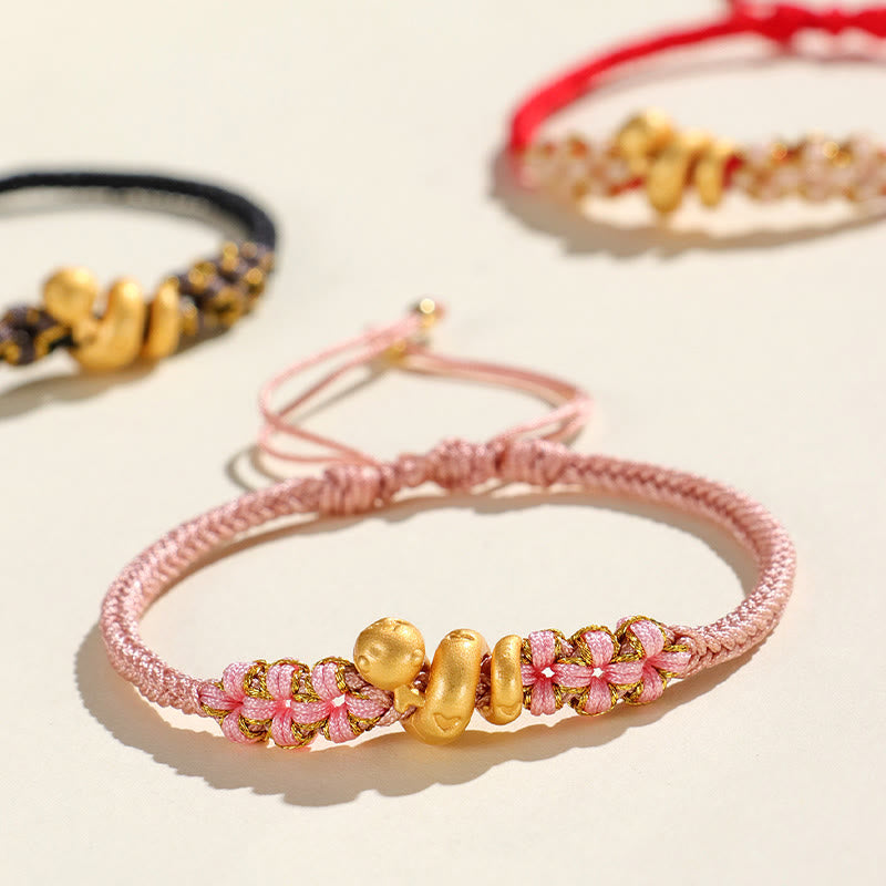 Handmade 999 Fine Silver Snake & Peach Blossom Heart Braided String Bracelet