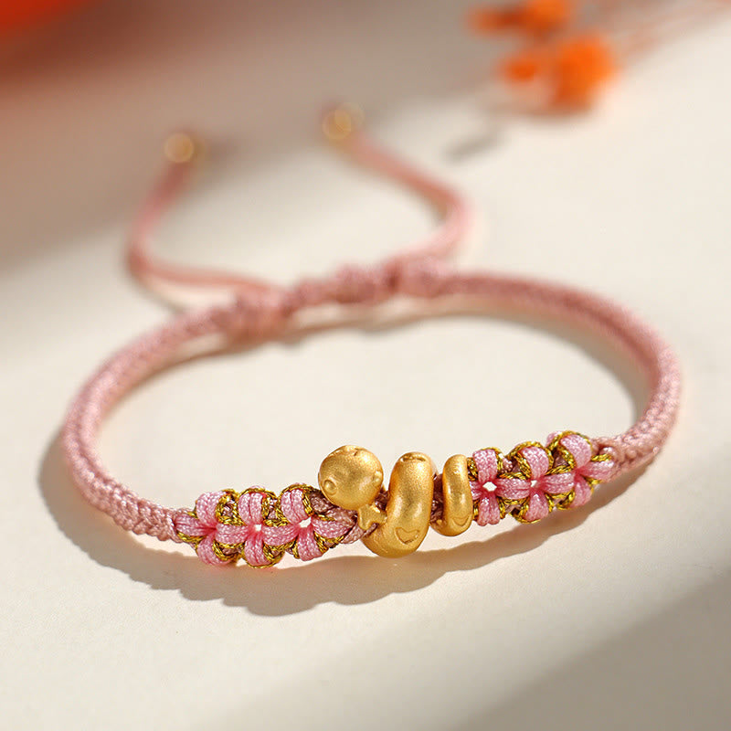 Handmade 999 Fine Silver Snake & Peach Blossom Heart Braided String Bracelet
