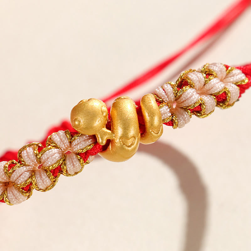 Handmade 999 Fine Silver Snake & Peach Blossom Heart Braided String Bracelet
