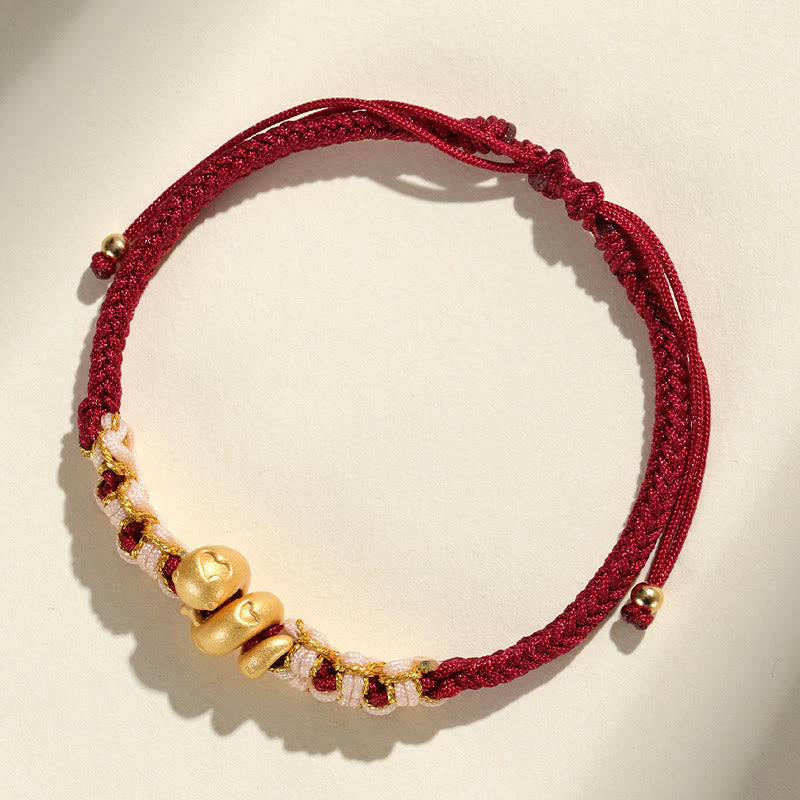 Handmade 999 Fine Silver Snake & Peach Blossom Heart Braided String Bracelet