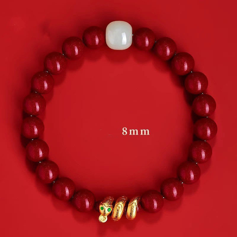 Cinnabar and Hetian Jade Snake Zodiac Beaded Bracelet with Copper Accents