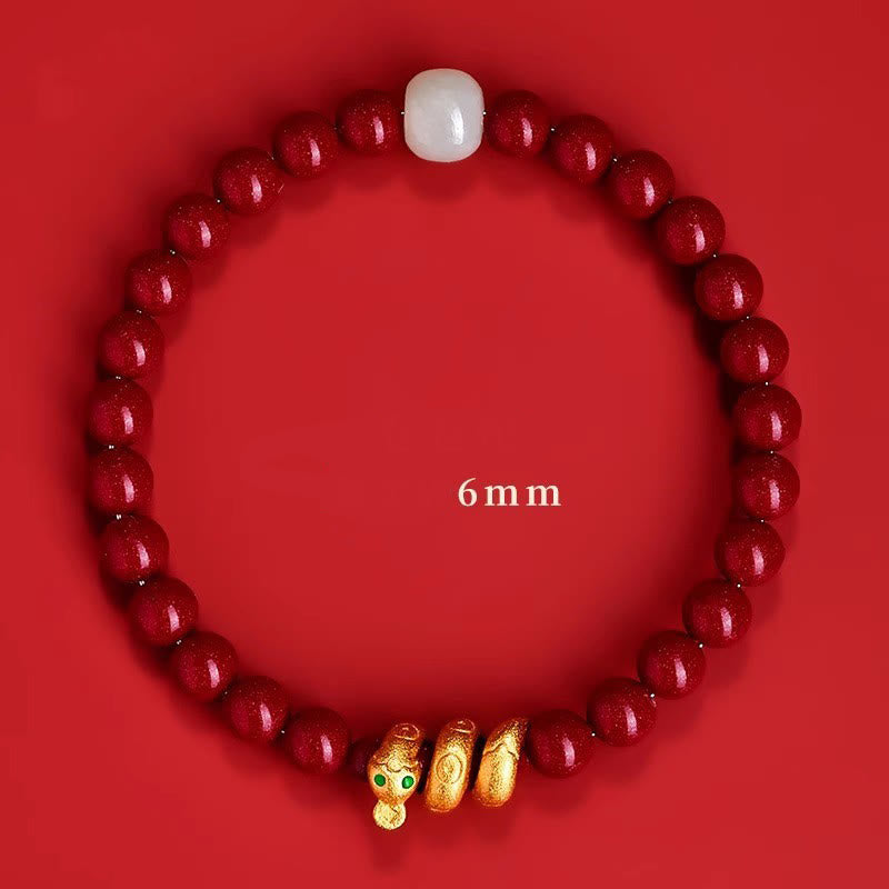 Cinnabar and Hetian Jade Snake Zodiac Beaded Bracelet with Copper Accents