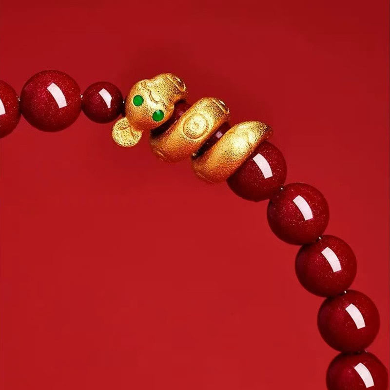 Cinnabar and Hetian Jade Snake Zodiac Beaded Bracelet with Copper Accents