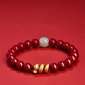Cinnabar and Hetian Jade Snake Zodiac Beaded Bracelet with Copper Accents