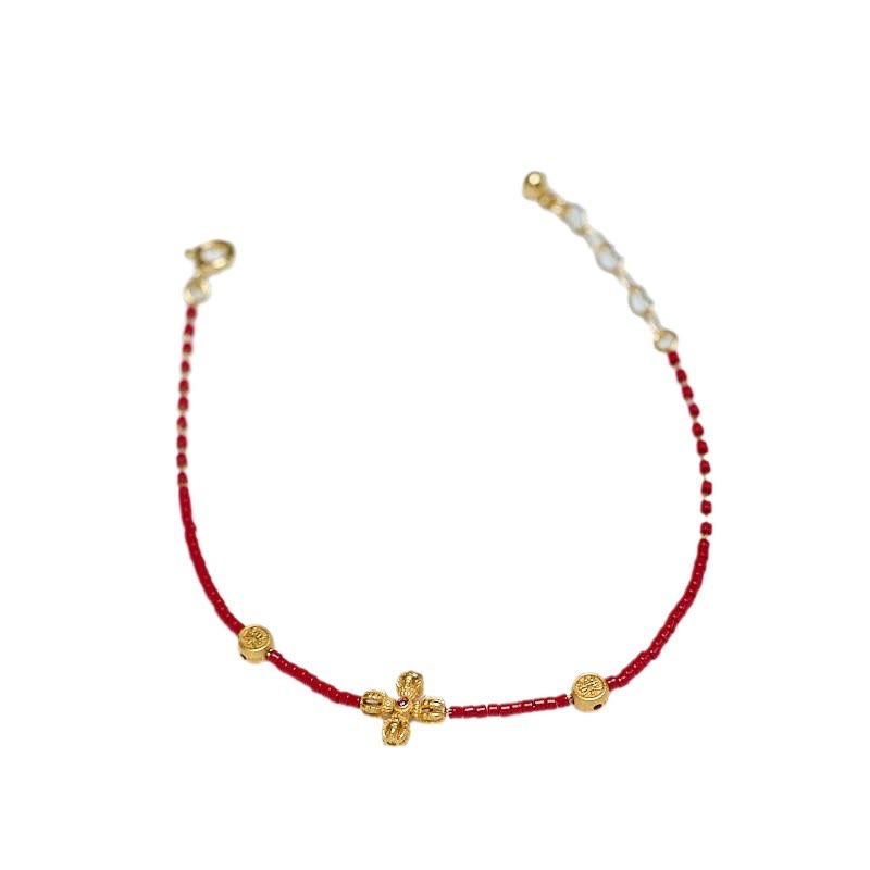 24K Gold Plated 925 Sterling Silver Liuli Pixiu & Four Leaf Clover Charm Bracelet