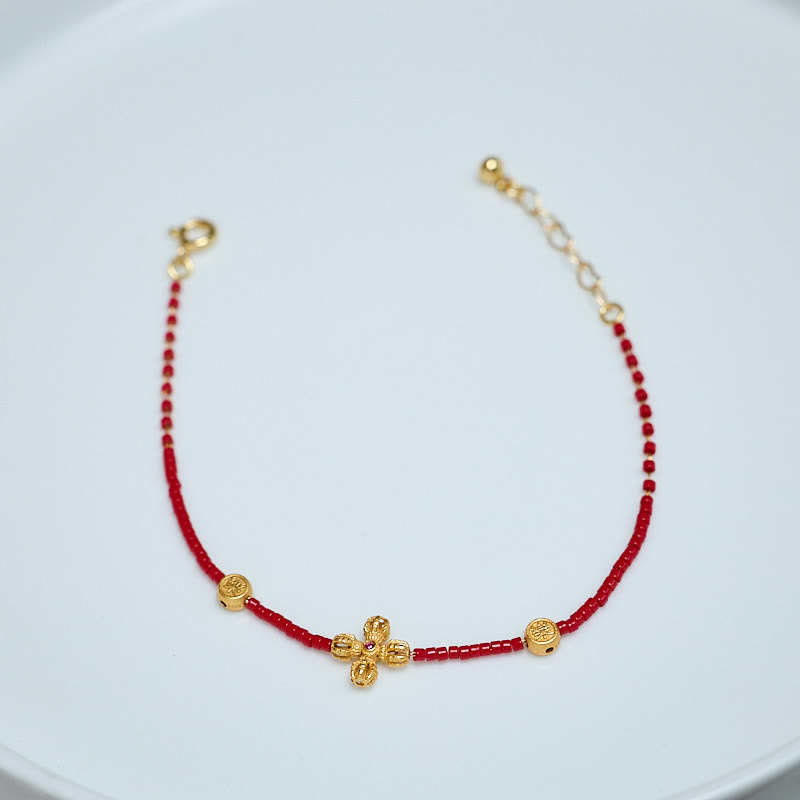 24K Gold Plated 925 Sterling Silver Liuli Pixiu & Four Leaf Clover Charm Bracelet