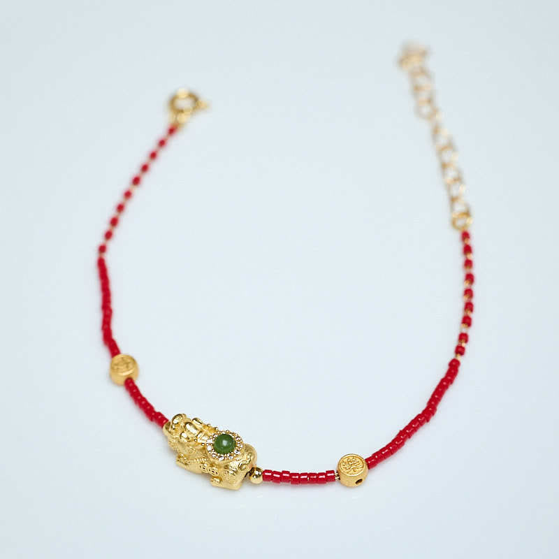 24K Gold Plated 925 Sterling Silver Liuli Pixiu & Four Leaf Clover Charm Bracelet