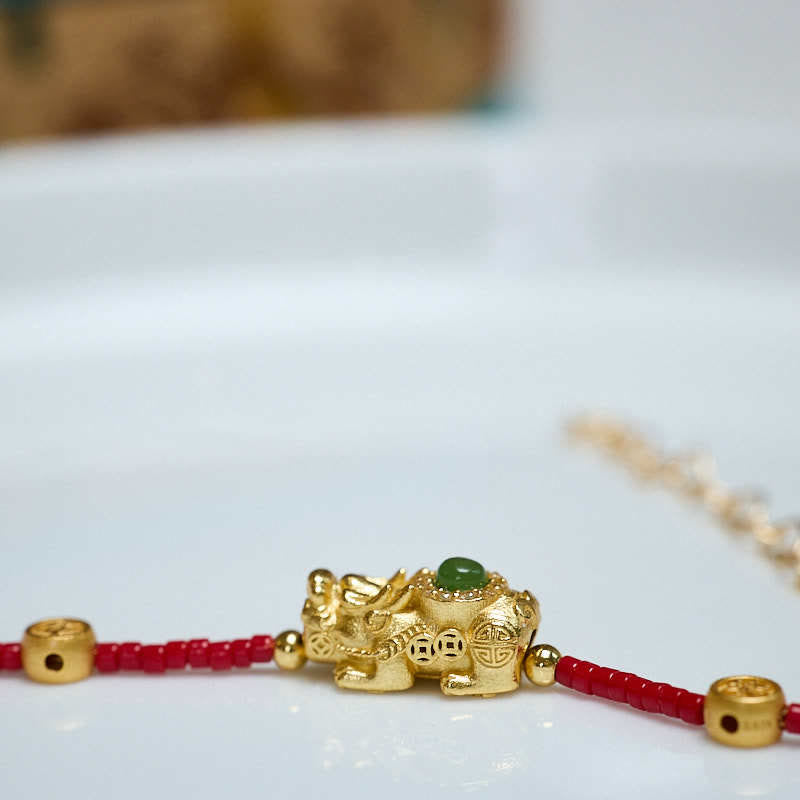 24K Gold Plated 925 Sterling Silver Liuli Pixiu & Four Leaf Clover Charm Bracelet
