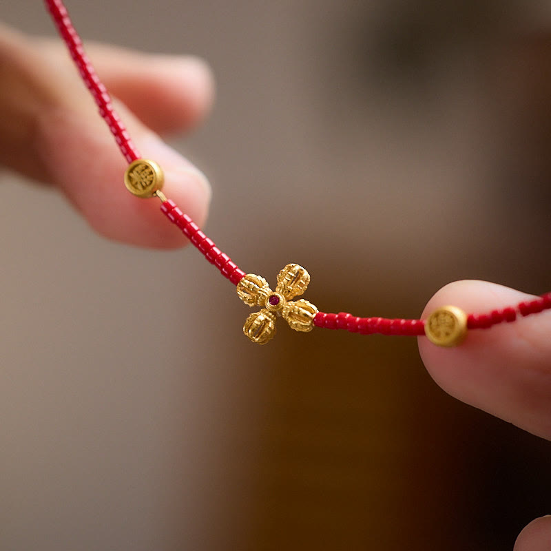 24K Gold Plated 925 Sterling Silver Liuli Pixiu & Four Leaf Clover Charm Bracelet