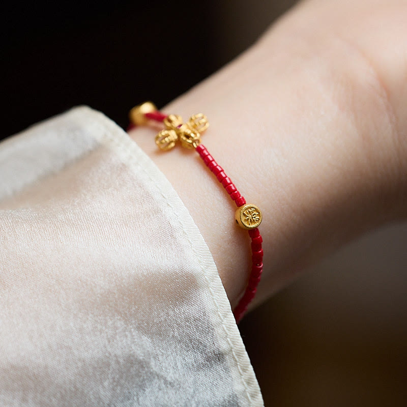 24K Gold Plated 925 Sterling Silver Liuli Pixiu & Four Leaf Clover Charm Bracelet