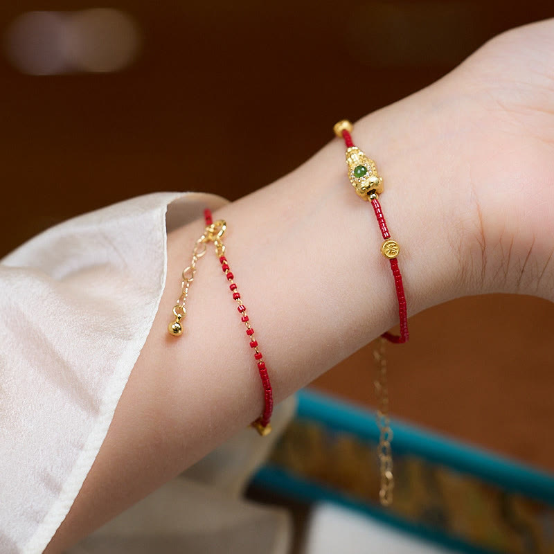24K Gold Plated 925 Sterling Silver Liuli Pixiu & Four Leaf Clover Charm Bracelet
