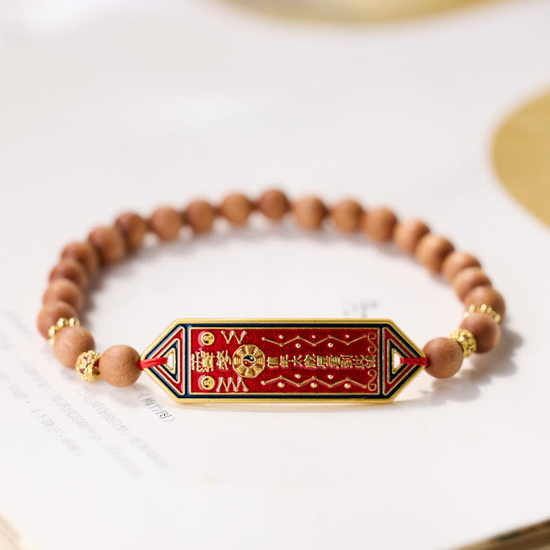Sandalwood & Gold Plated Copper Tai Sui Bagua Yin Yang Beaded Bracelet