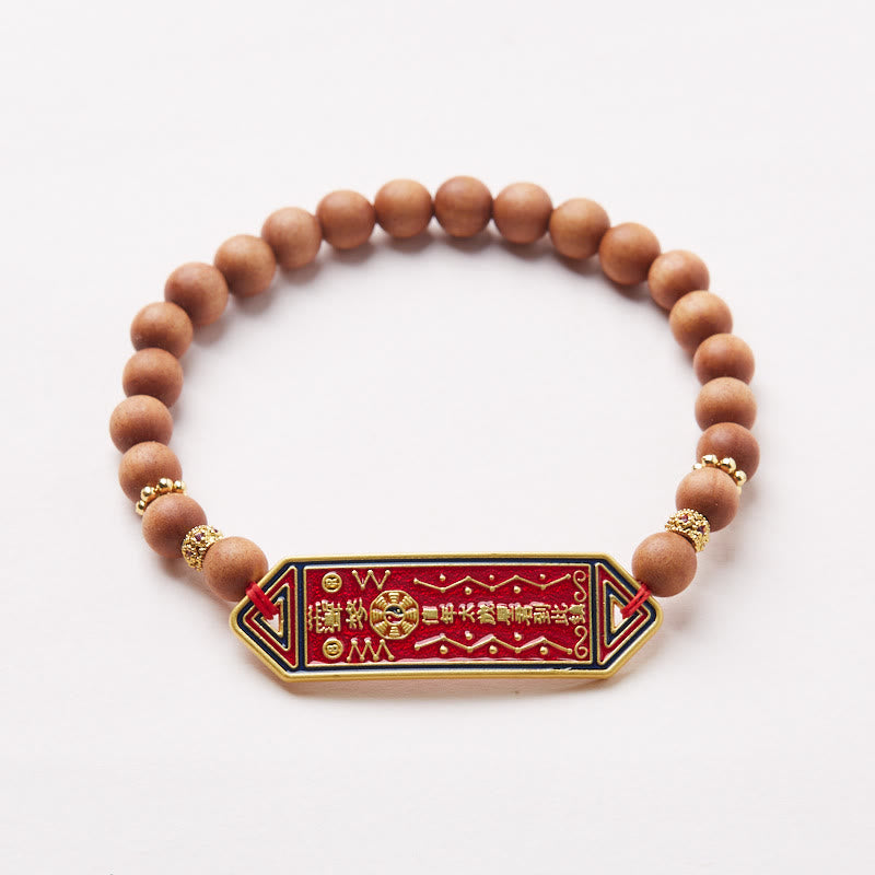 Sandalwood & Gold Plated Copper Tai Sui Bagua Yin Yang Beaded Bracelet